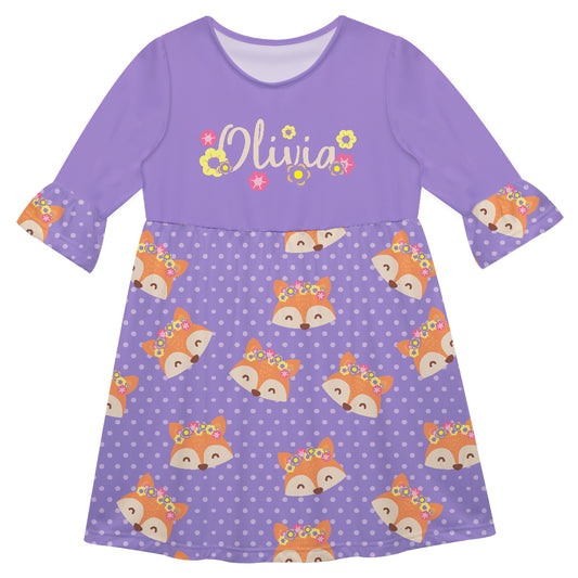 Cute Fox Print Personalized Name Fox Print Purple Amy Dress 3/4 Sleeve