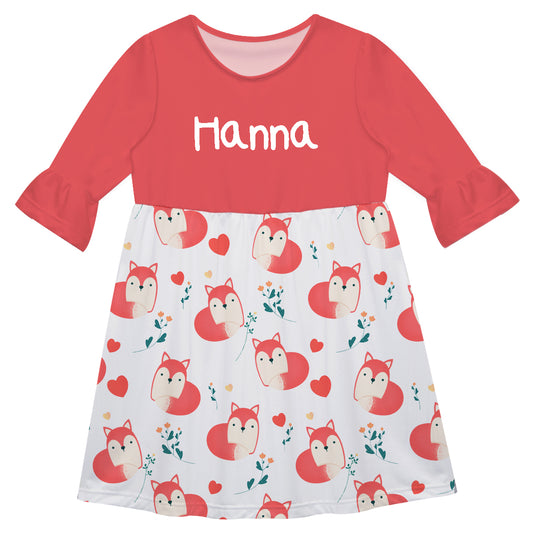 Fox Print Personalized Name Coral and White Amy Dress 3/4 Sleeve