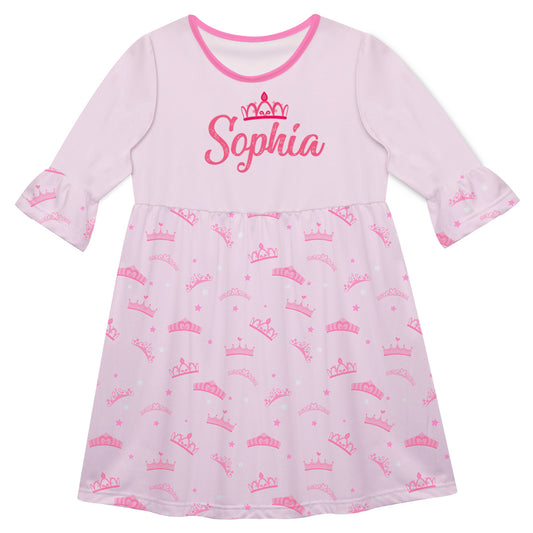 Crown Personalized Name Pink Amy Dress 3/4 Sleeve - Wimziy&Co.