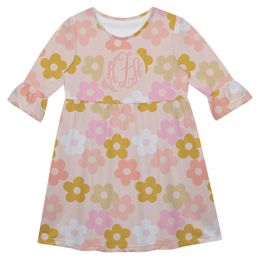 Floral Print Personalized Monogram Pink and Peach Amy Dress 3/4 Sleeve