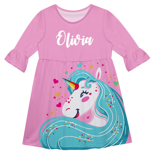 Happy Unicorn Personalized Name Unicorn Pink Amy Dress 3/4 Sleeve