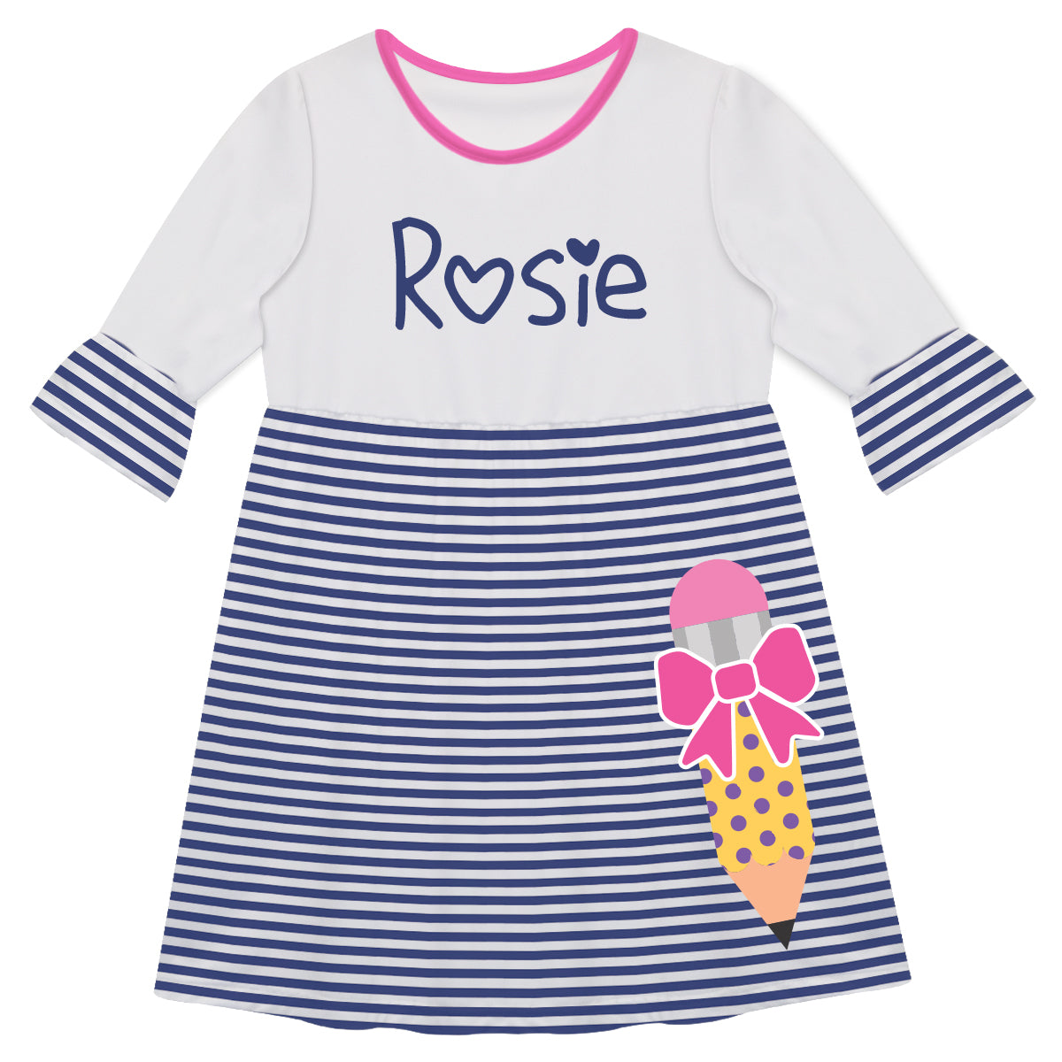 Pencil and Bow Name Navy and White Stripes Amy Dress 3/4 Sleeve