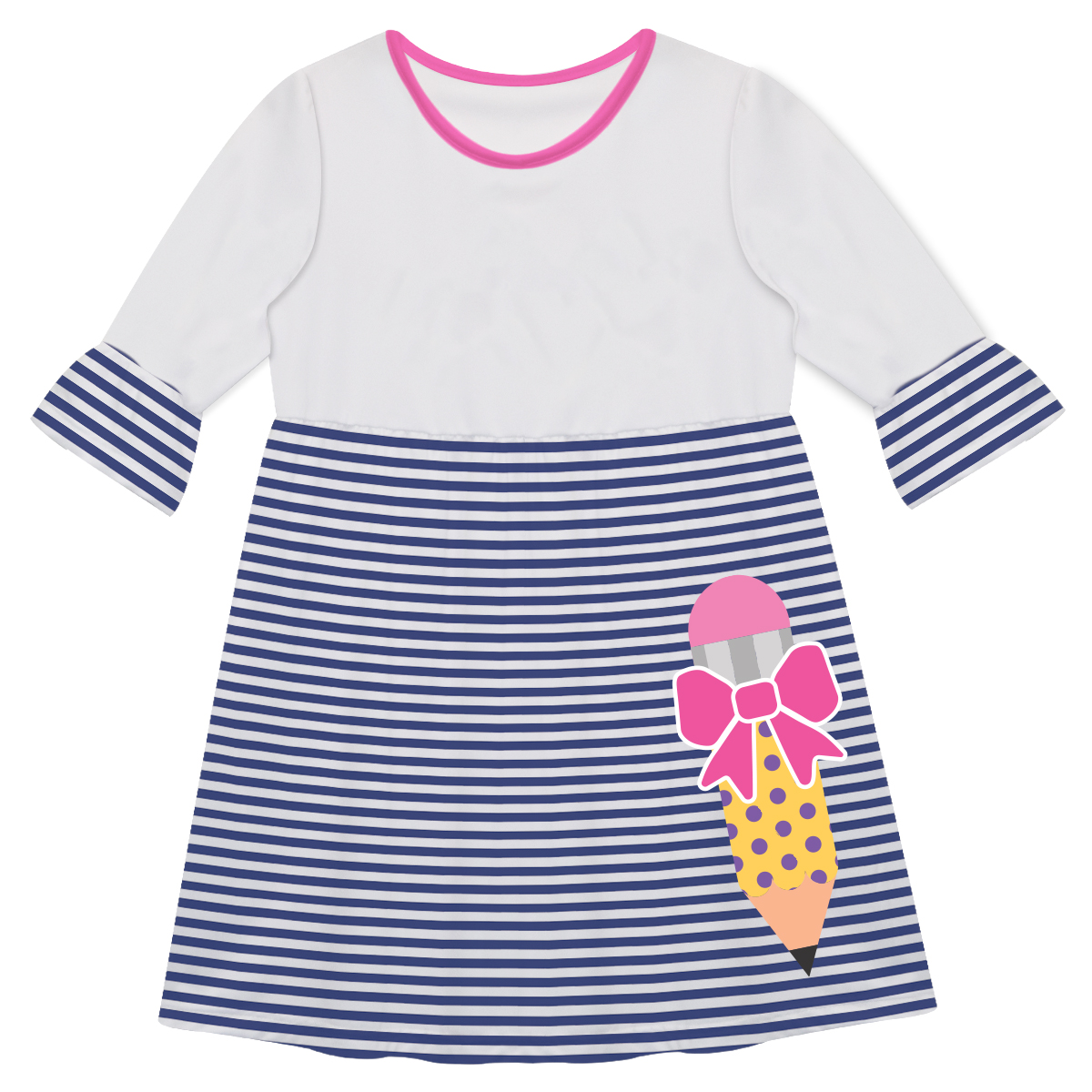 Pencil and Bow Name Navy and White Stripes Amy Dress 3/4 Sleeve - Wimziy&Co.