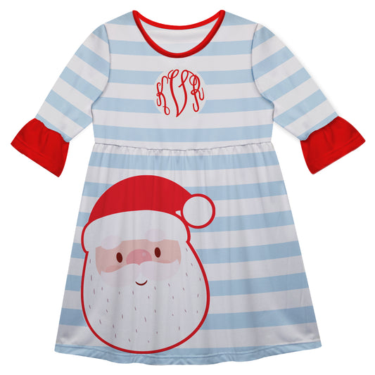 Santa Monogram White And Light Blue Stripes Amy Dress 3/4 Sleeve