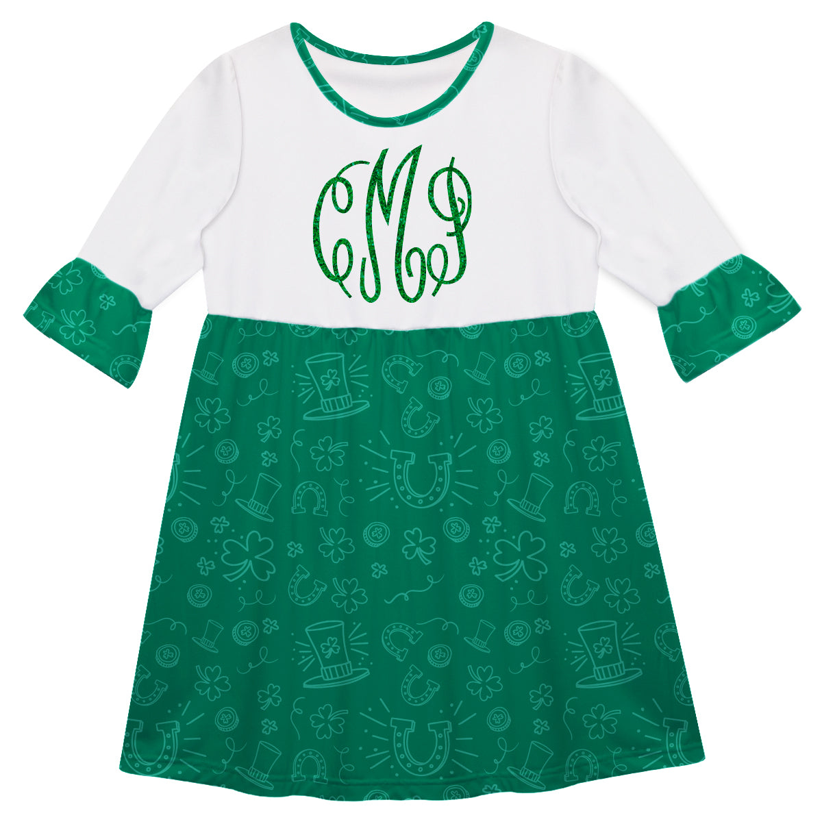 St Patricks Personalized Monogram Green and White Amy Dress 3/4 Sleeve - Wimziy&Co.