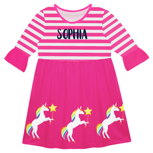 Unicorn Name Hot Pink Stripe Amy Dress 3/4 Sleeve