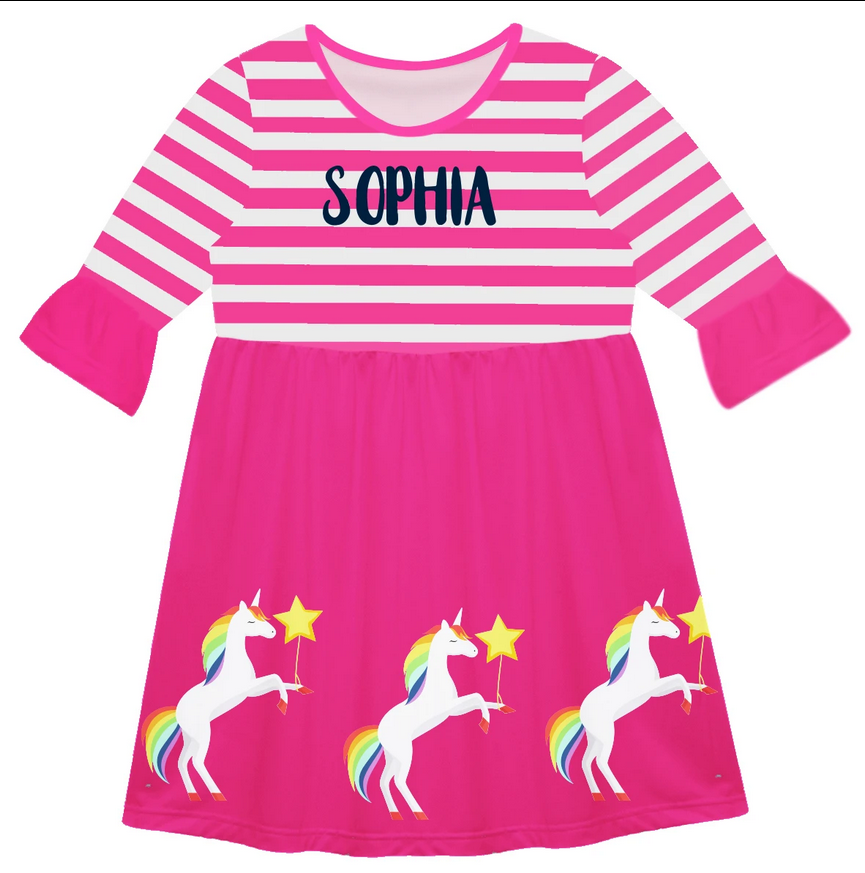 Unicorn Name Hot Pink Stripe Amy Dress 3/4 Sleeve - Wimziy&Co.