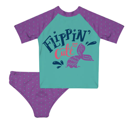 Flippin Cute Aqua And Purple 2pc Short Sleeve Rash Guard - Wimziy&Co.