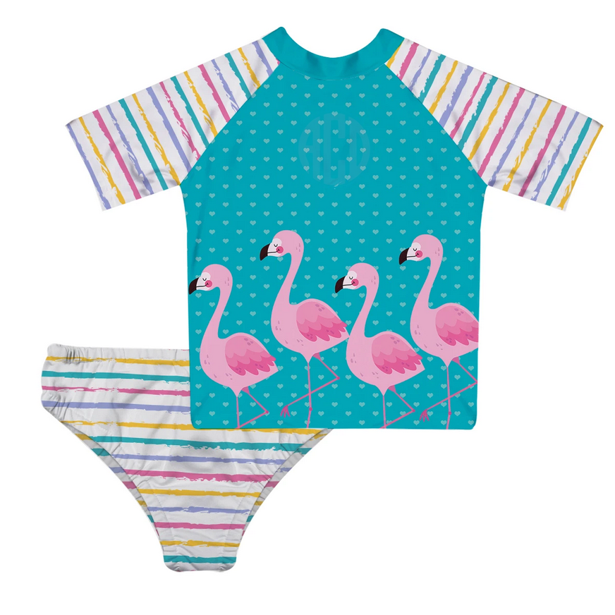 Flamingos Monogram Turquoise and White 2pc Short Sleeve Rash Guard - Wimziy&Co.