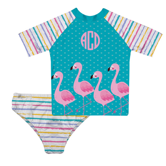 Flamingos Monogram Turquoise and White 2pc Short Sleeve Rash Guard