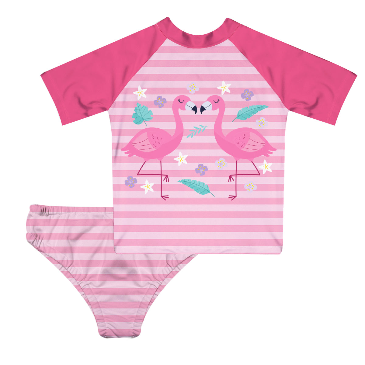 Flamingos Pink Stripes 2pc Short Sleeve Rash Guard