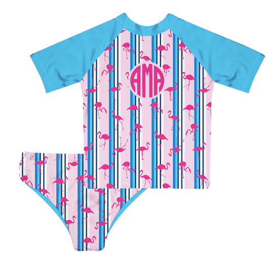 Flamingos Personalized Monogram Pink and Aqua 2pc Short Sleeve Rash Guard