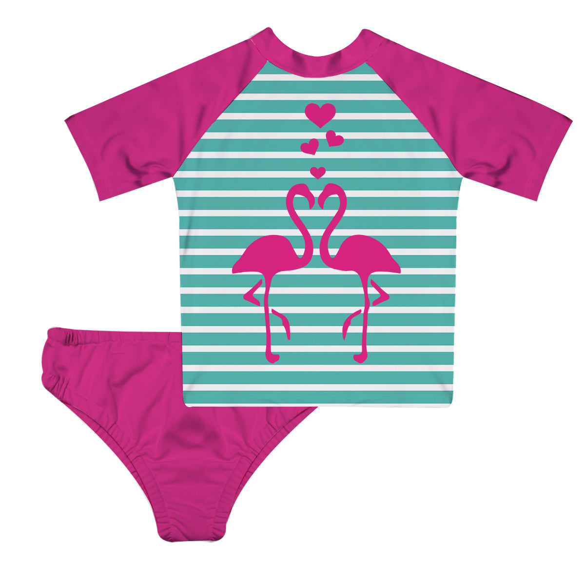 Flamingos Turquoise and Pink 2pc Short Sleeve Rash Guard
