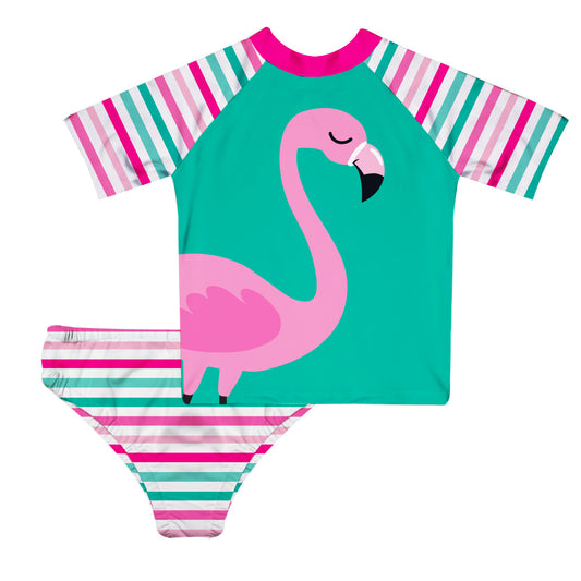 Flamingo Turquoise and Pink Stripes 2pc Short Sleeve Rash Guard