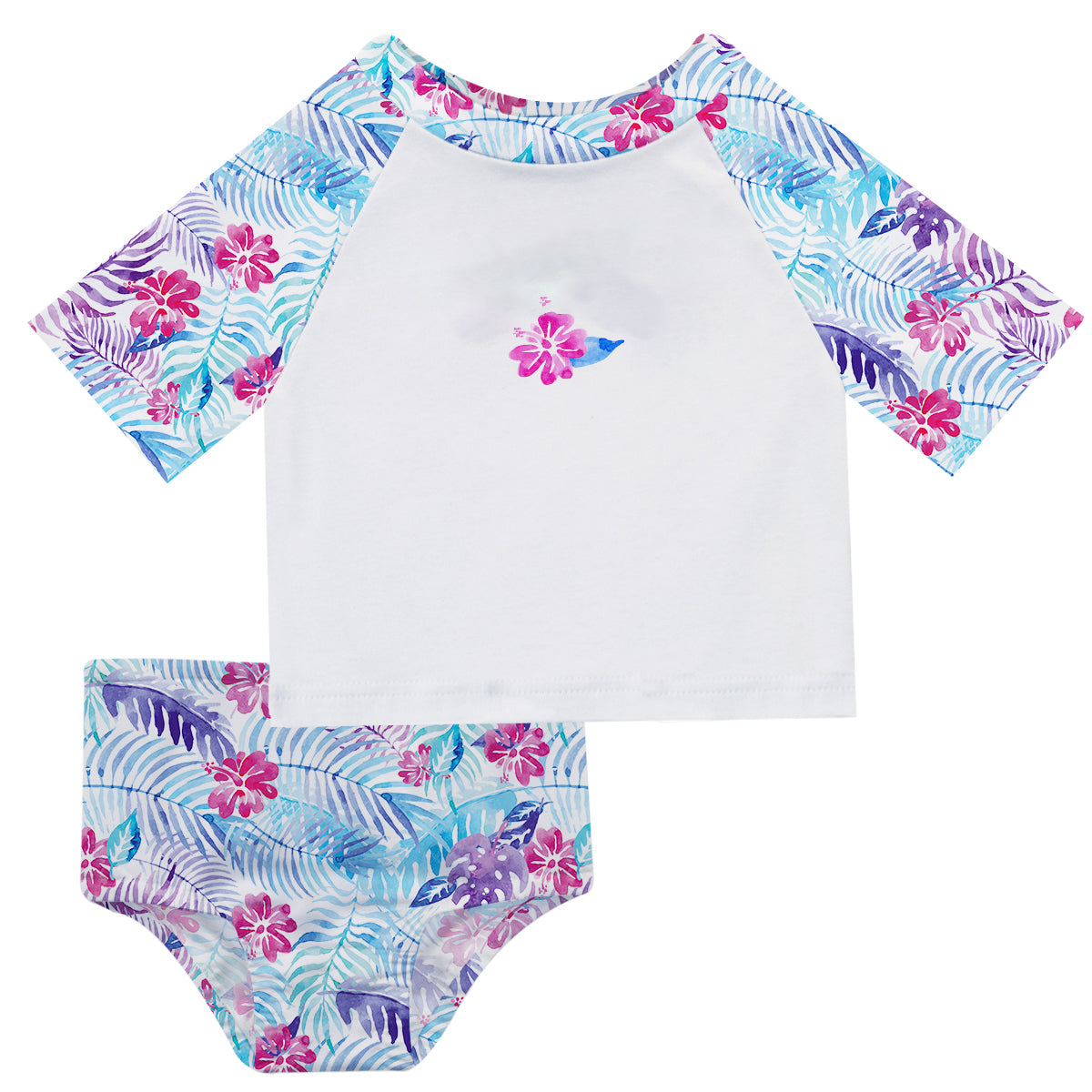 Leaves and Flowers Print Name White 2pc Short Sleeve Rash Guard - Wimziy&Co.
