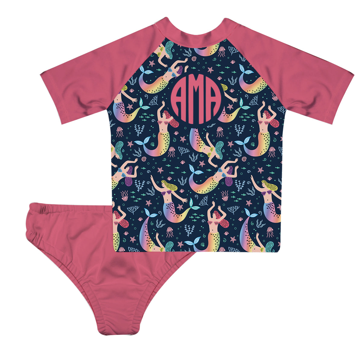 Mermaid Monogram Navy And Pink 2pc Short Sleeve Rash Guard - Wimziy&Co.