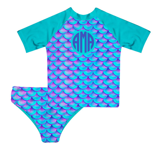 Mermaid Monogram Turquoise And Purple 2pc Short Sleeve Rash Guard - Wimziy&Co.