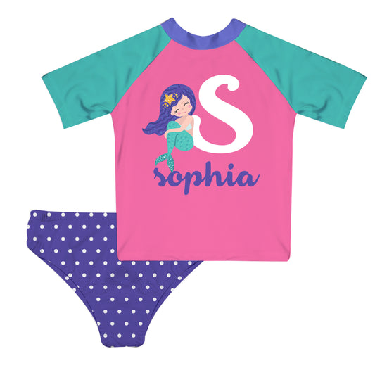 Mermaid Personalized Initial and Name Pink 2pc Short Sleeve Rash Guard