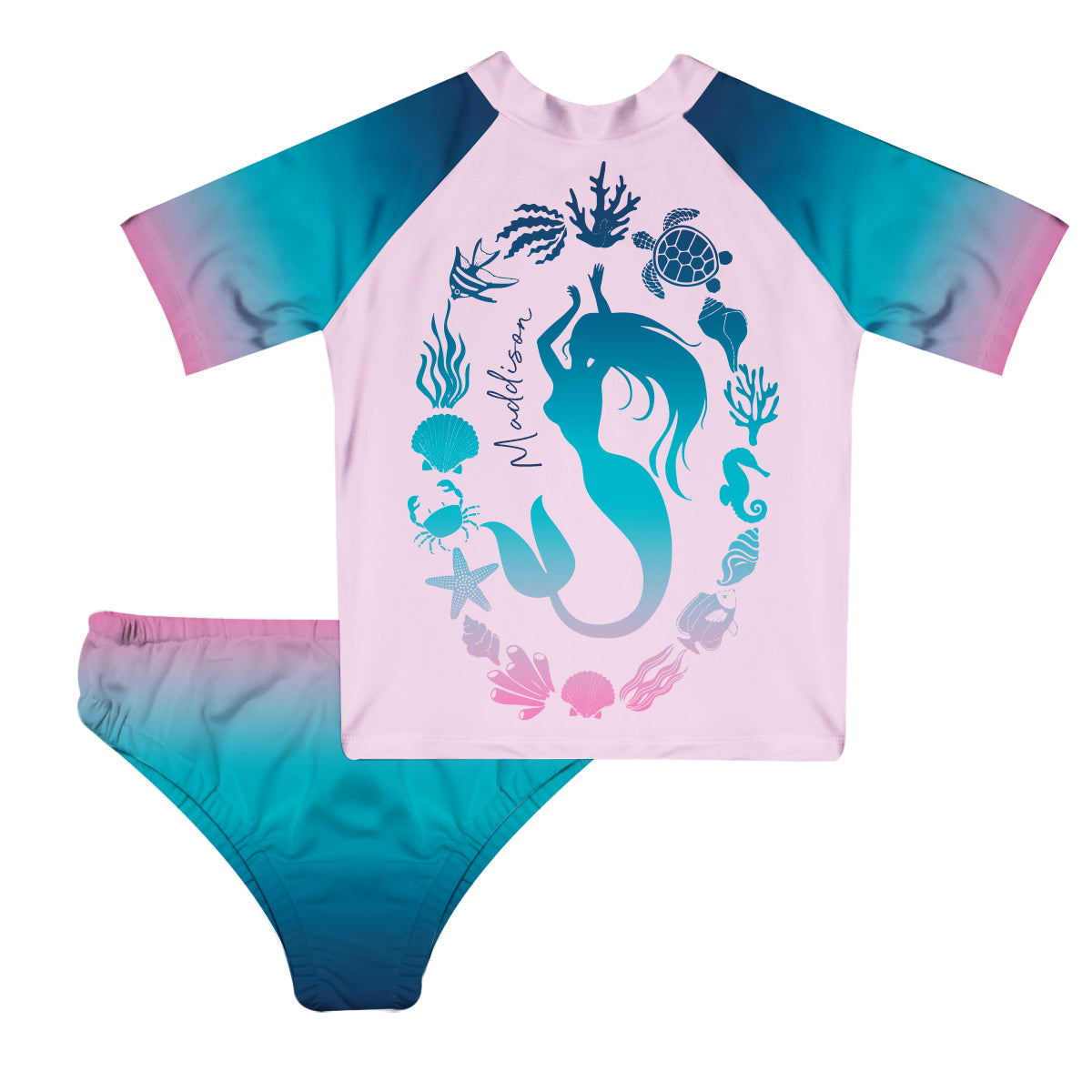 Mermaid Personalized Name Light Pink and Aqua Degrade 2pc Short Sleeve Rash Guard