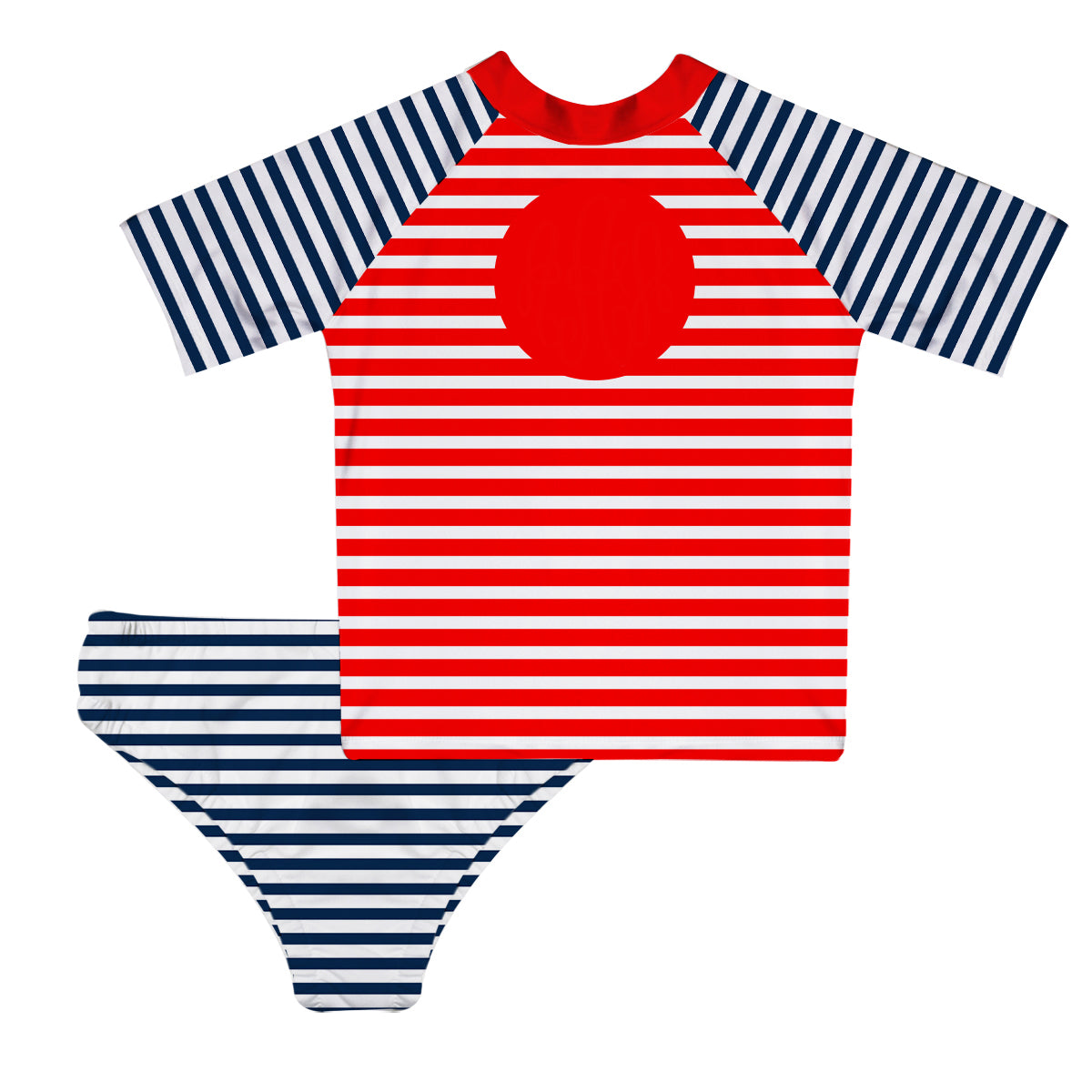 Monogram Red And Navy Stripes 2pc Short Sleeve Rash Guard - Wimziy&Co.