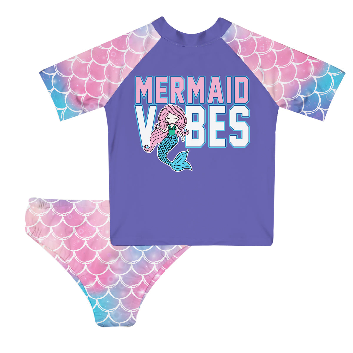 Mermaid Vibes Purple And Pink 2pc Short Sleeve Rash Guard - Wimziy&Co.