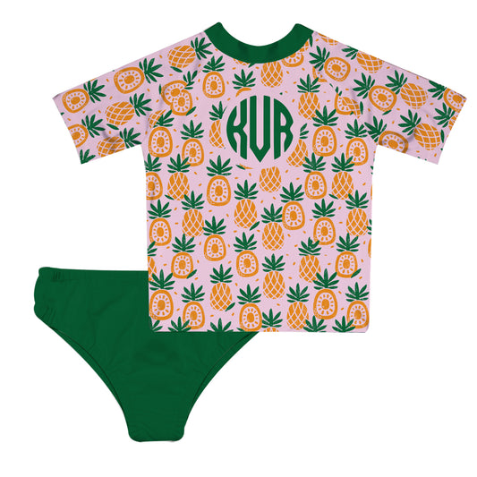 Pineapple Print Personalized Monogram Green and Pink 2pc Short Sleeve Rash Guard