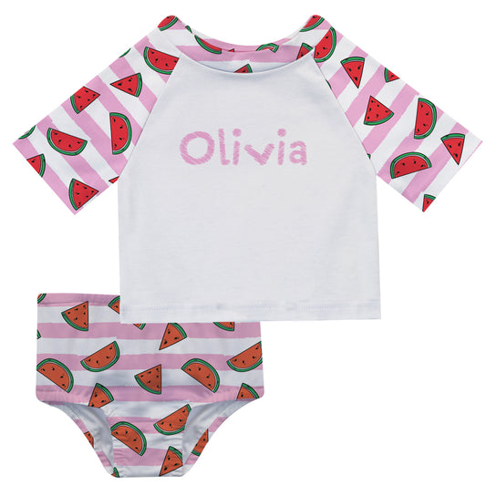 Watermelon Name White and Pink 2pc Short Sleeve Rash Guard