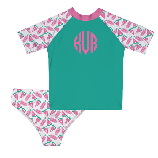 Watermelon and Popsicles Personalized Monogram Mint and White 2pc Short Sleeve Rash Guard