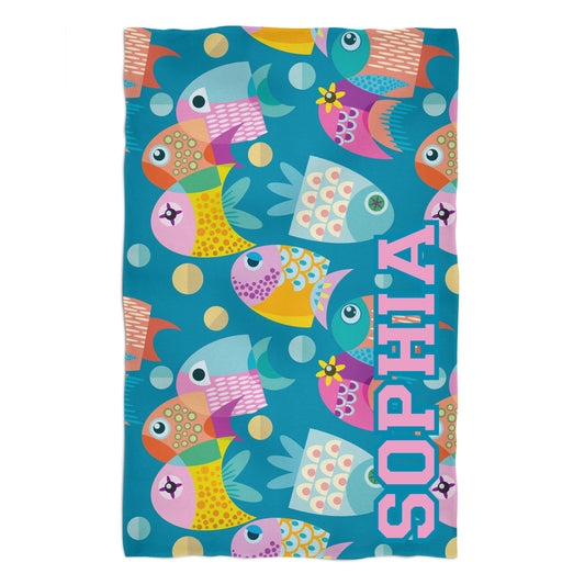 Fish Print Personalized Name Turquoise Towel 51x 32