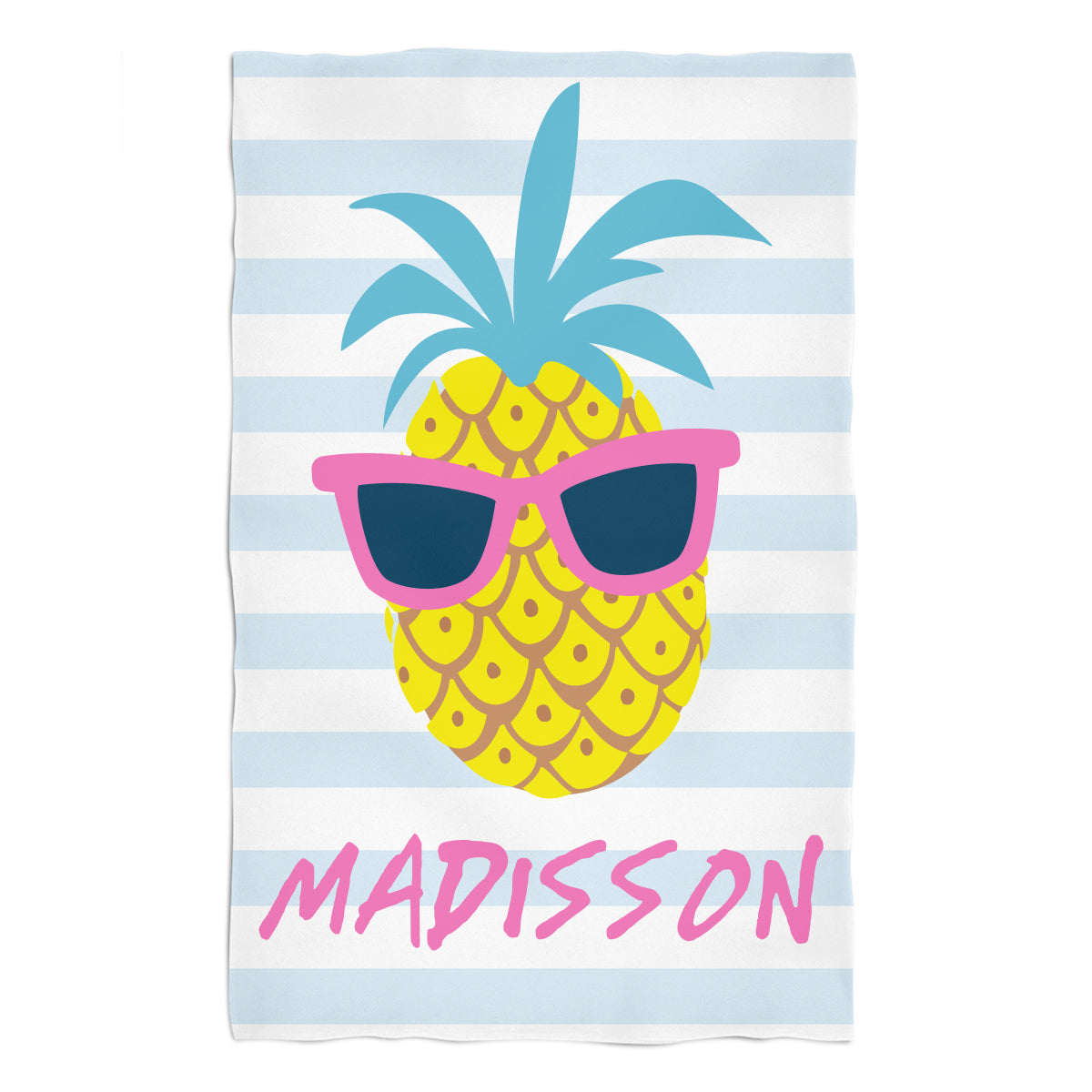 Pineapple Personalized Name Light Blue and White Stripes Towel 51 x 32