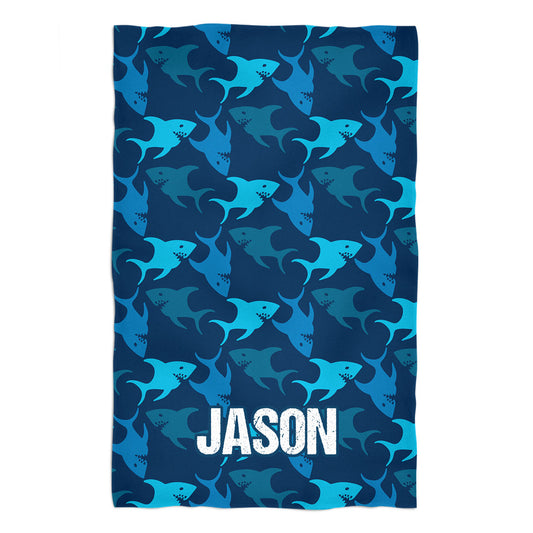 Sharks Print Personalized Name Navy Towel
