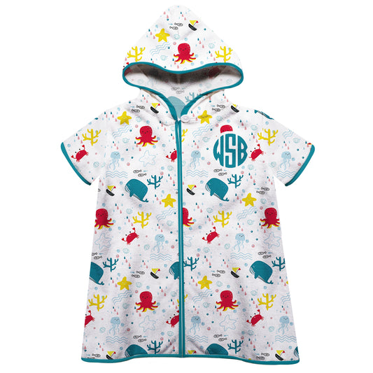 Animals Of The Ocean Print Monogram White Cover Up
