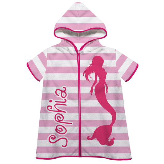 Mermaid Personalized Name Pink and White Stripes Cover Up