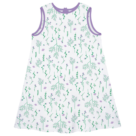 Floral Print White and Purple A Line Dress
