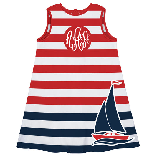 Sailboats Personalized Monogram White Red and Navy Stripes A Line Dress - Wimziy&Co.