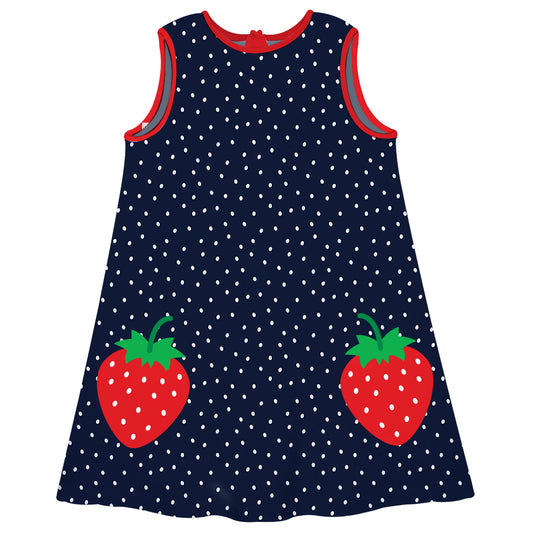 Strawberries Navy Polka Dots A Line Dress
