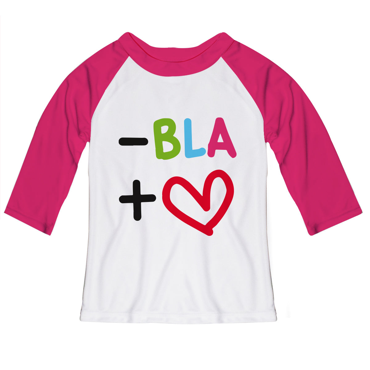 Less Blah More Love White and Pink Raglan Tee Shirt 3/4 Sleeve