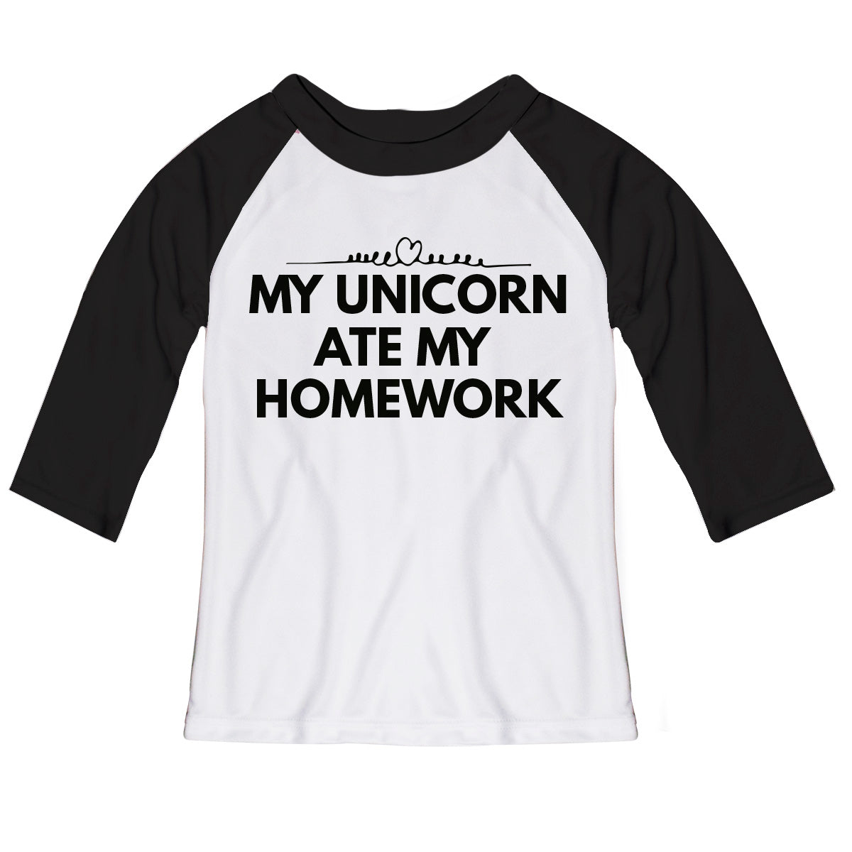 My Unicorn Ate My Homework White And Black Raglan Tee Shirt 3/4 Sleeve