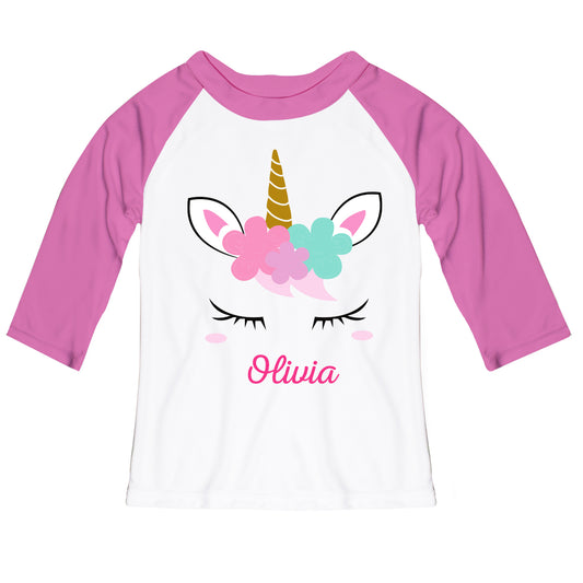 Unicorn with Flowers Personalized Name White and Pink Raglan Tee Shirt 3/4 Sleeve