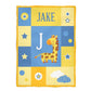 Giraffe Personalized Initial and Name Yellow and Blue Plush Minky Throw 38 x 47