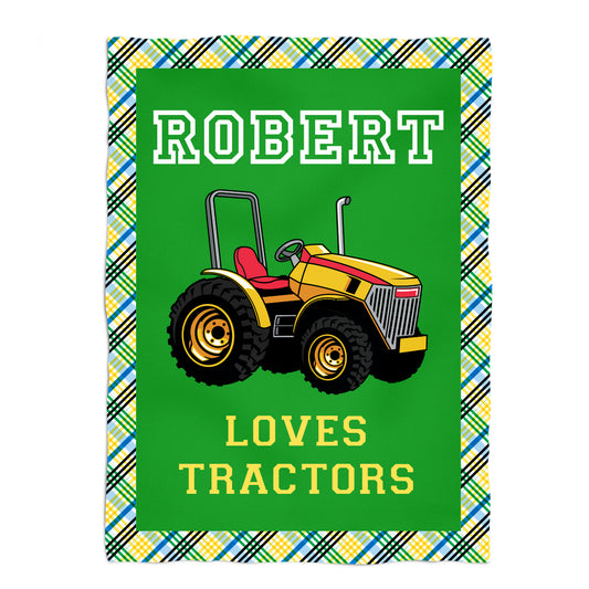 Loves Tractors Personalized Name Green and Yellow Fleece Blanket 48 x 58