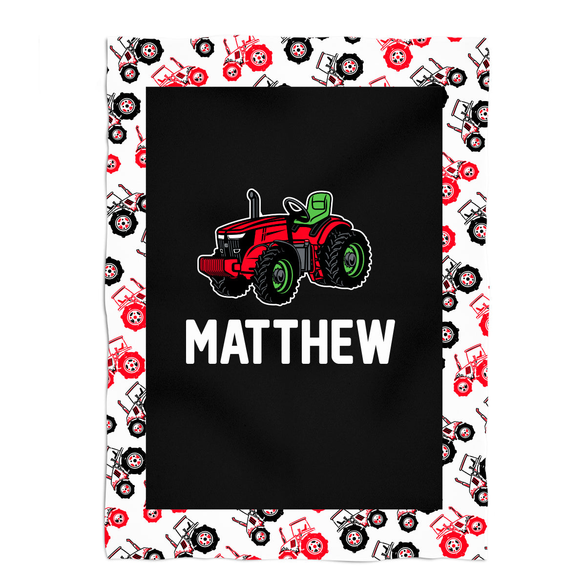 Tractor Personalized Name Black and White Fleece Blanket 48 x 58