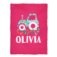 Tractor Flowers Personalized Name Hot Pink Fleece Blanket 48 x 58