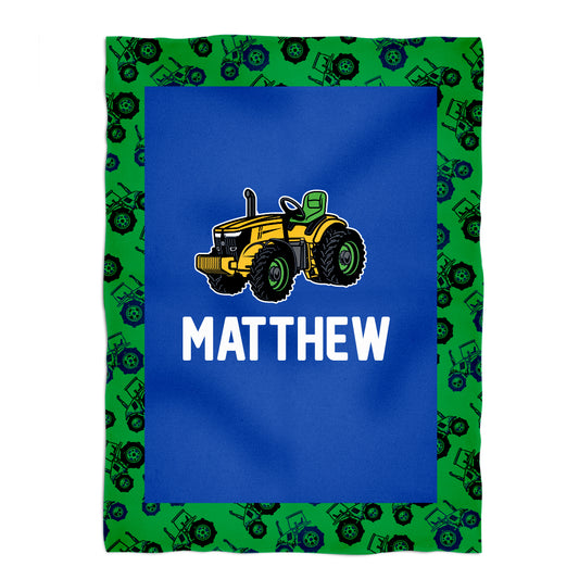 Tractor Personalized Name Royal and White Fleece Blanket 40 x 58