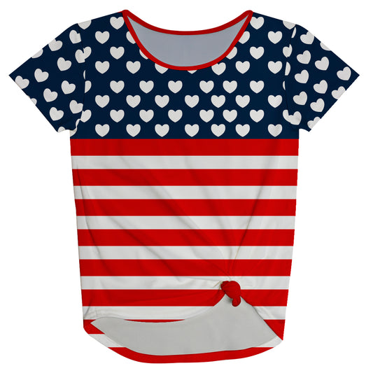 American Hearts Navy White Red Stripes Knot Top