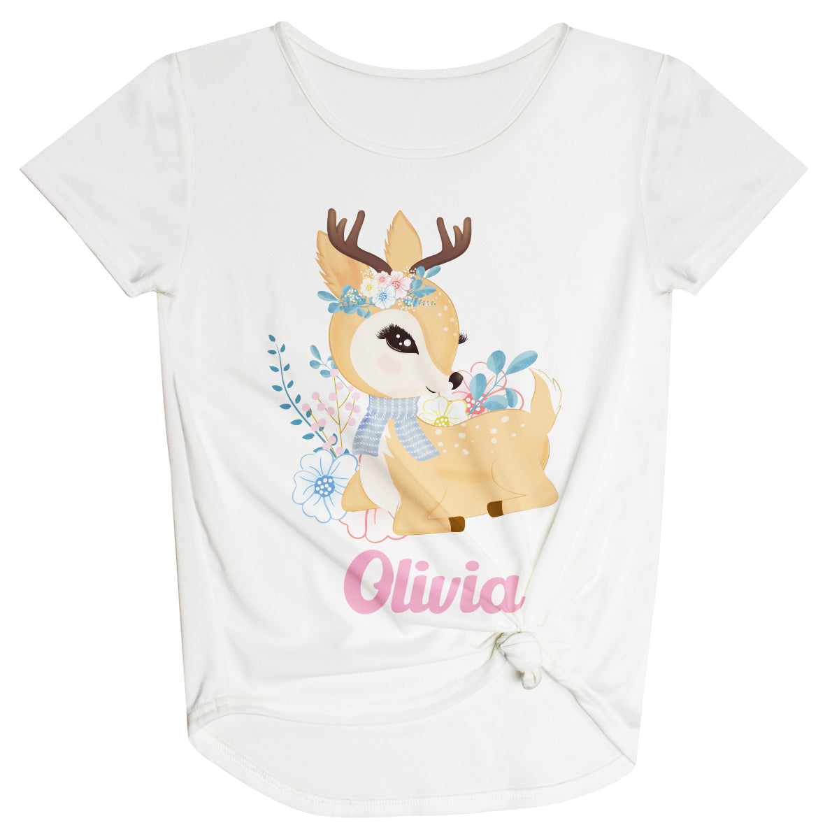 Deer Personalized Name White Knot Top