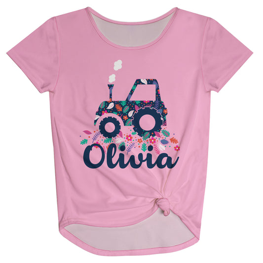 Flowers Tractor Personalized Name Pink Knot Top