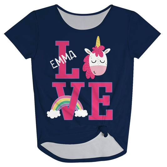 Love Unicorn Personalized Name Navy Knot Top