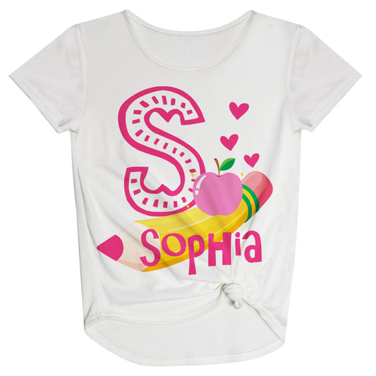 Pencil Initial And Name White Knot Top