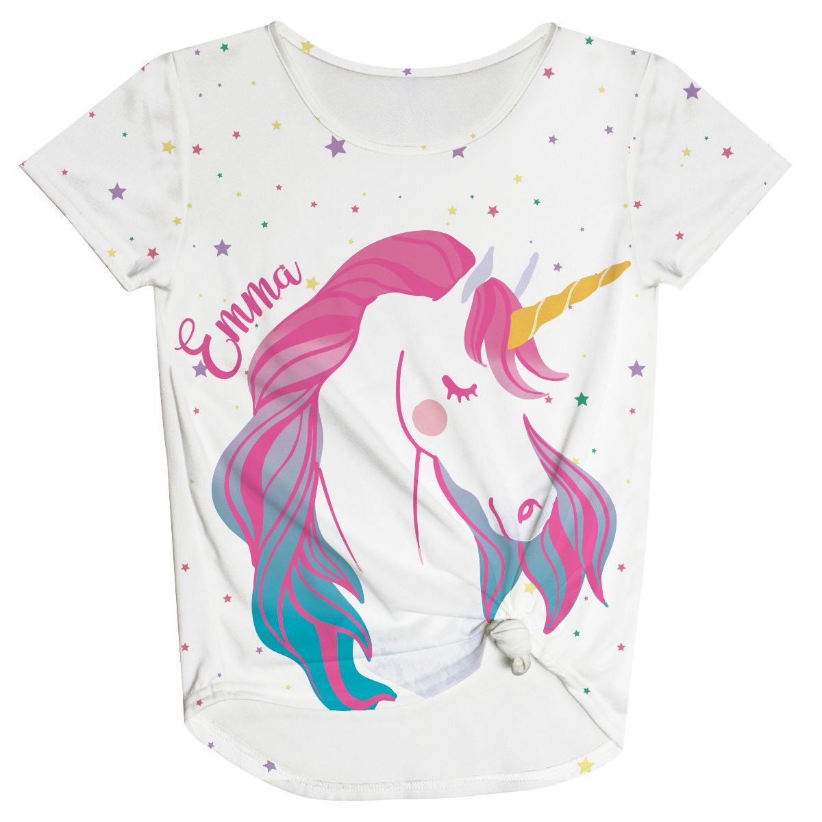 Unicorn Personalized Name White Knot Top